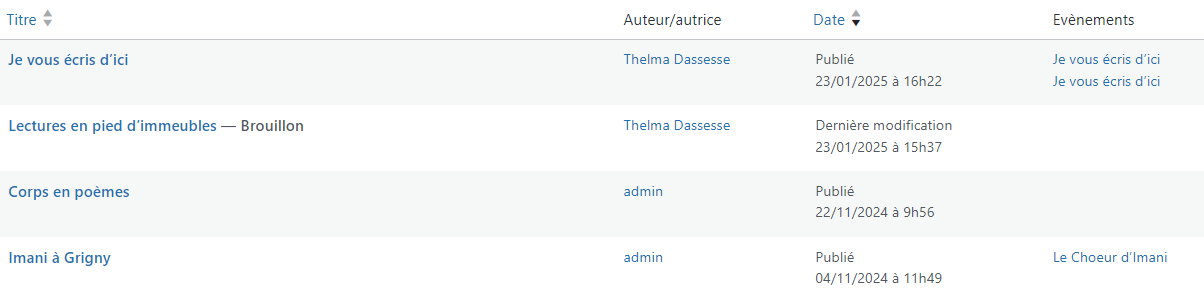 Menus: Listes des projets